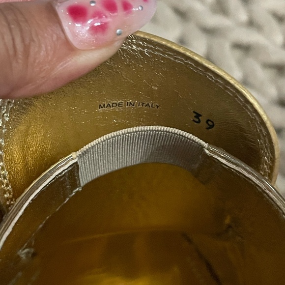 PRADA Triangular Logo Metallic Gold Leather Chocolate Loafers size 39 - Picture 14 of 16